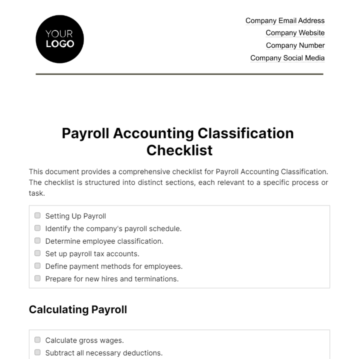 Payroll Accounting Classification Checklist Template - Edit Online & Download