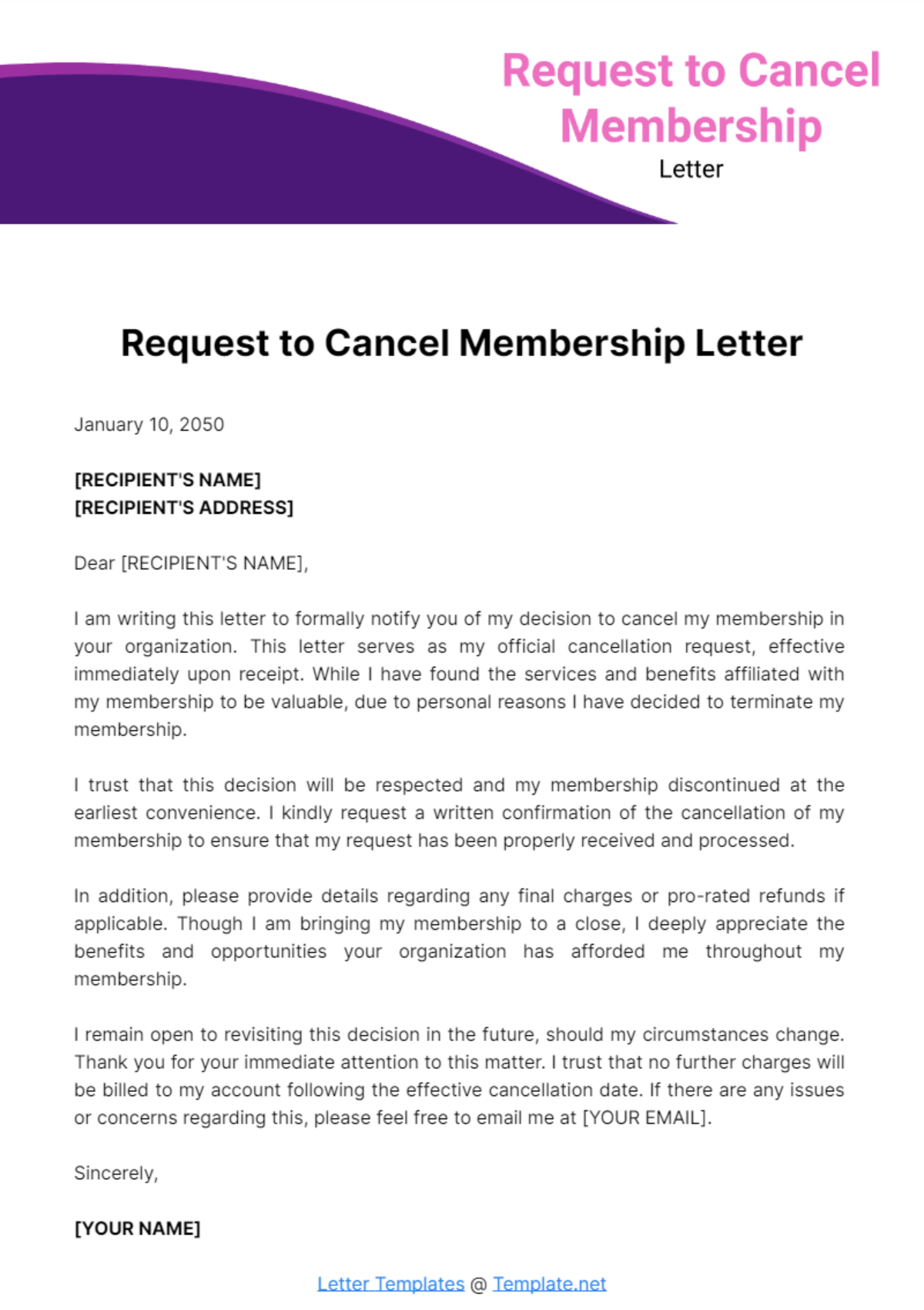 Free Request to Cancel Membership Letter Template
