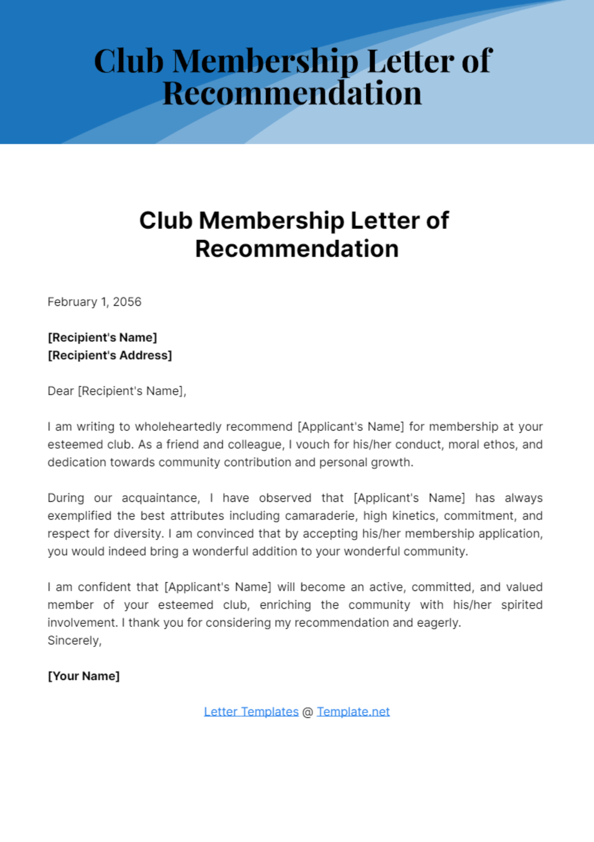 Free Club Membership Letter of Recommendation Template