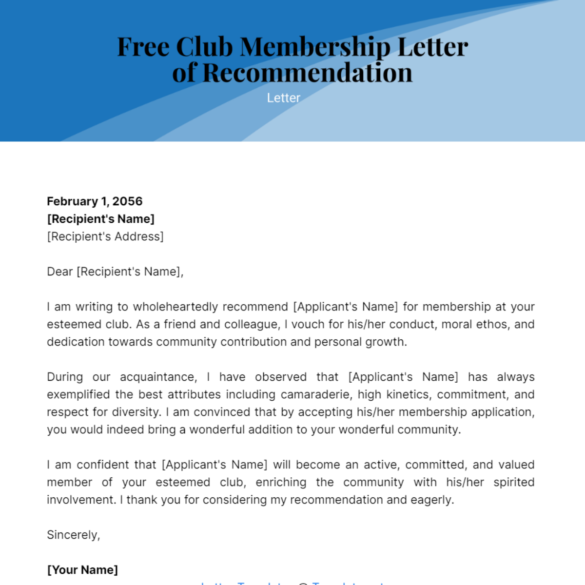 Club Membership Letter of Recommendation Template