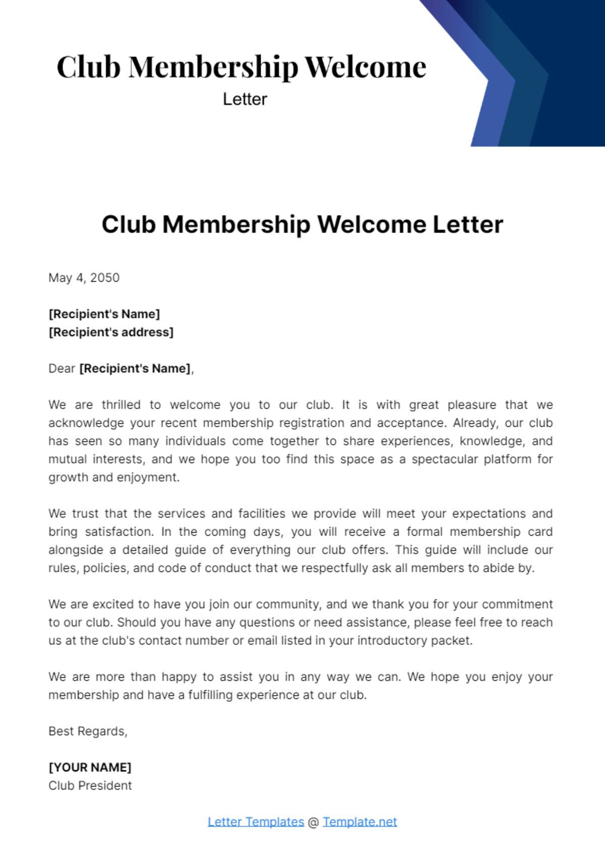 Free Club Membership Welcome Letter Template