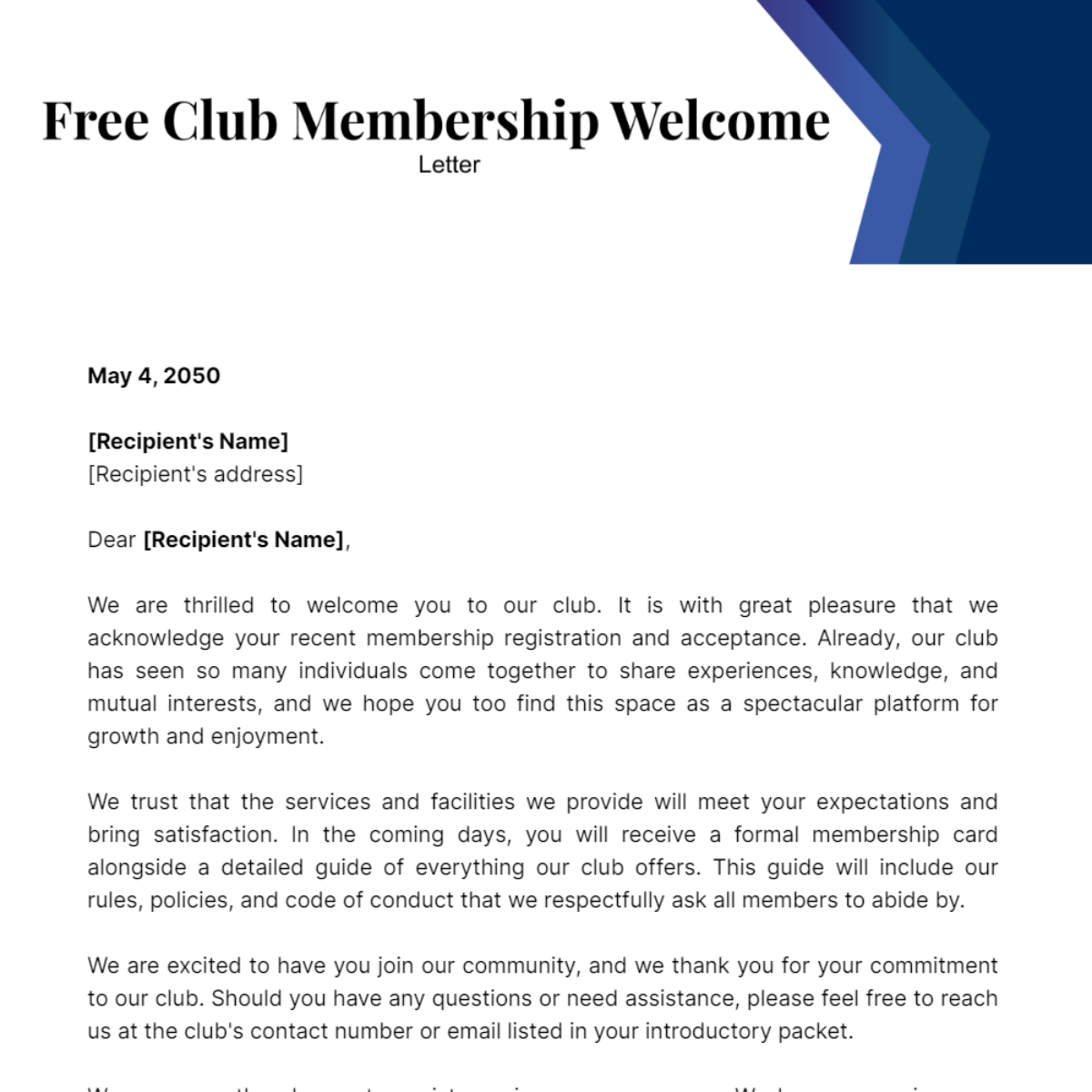 Club Membership Welcome Letter Template