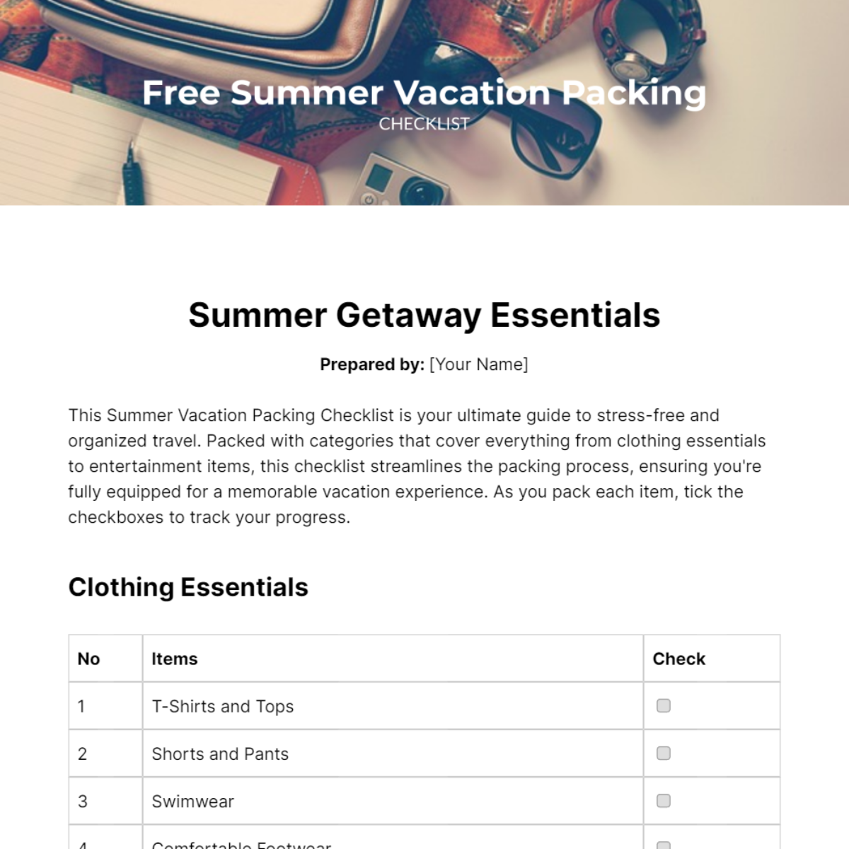 Summer Vacation Packing Checklist Template