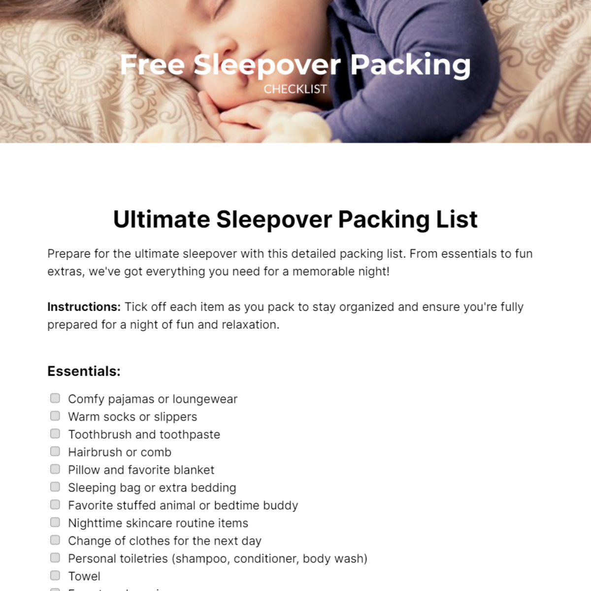 Sleepover Packing Checklist Template