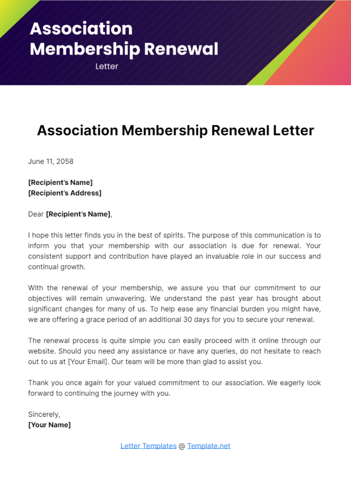 Free Association Membership Renewal Letter Template