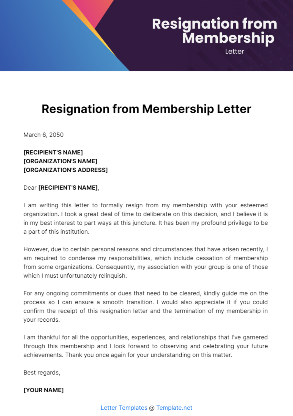Free Resignation from Membership Letter Template