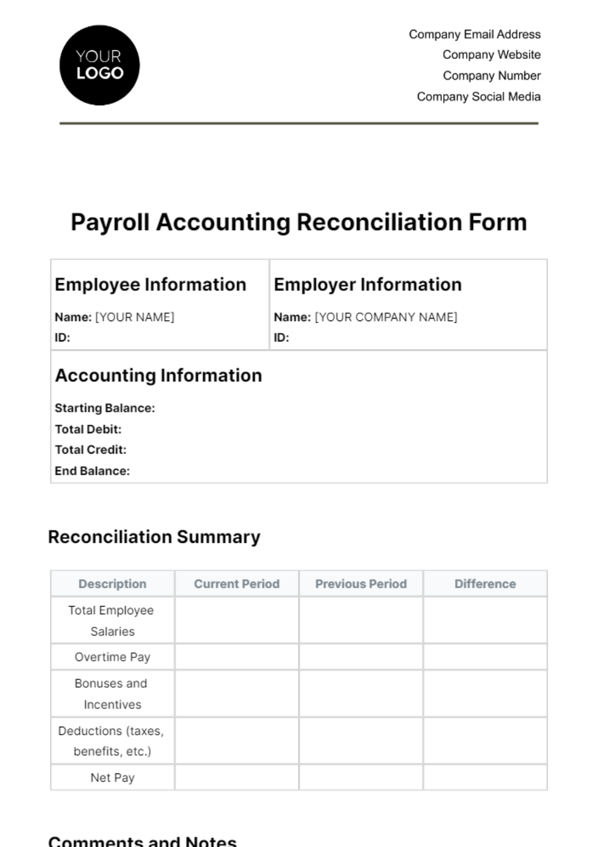 Free Payroll Accounting Reconciliation Form Template