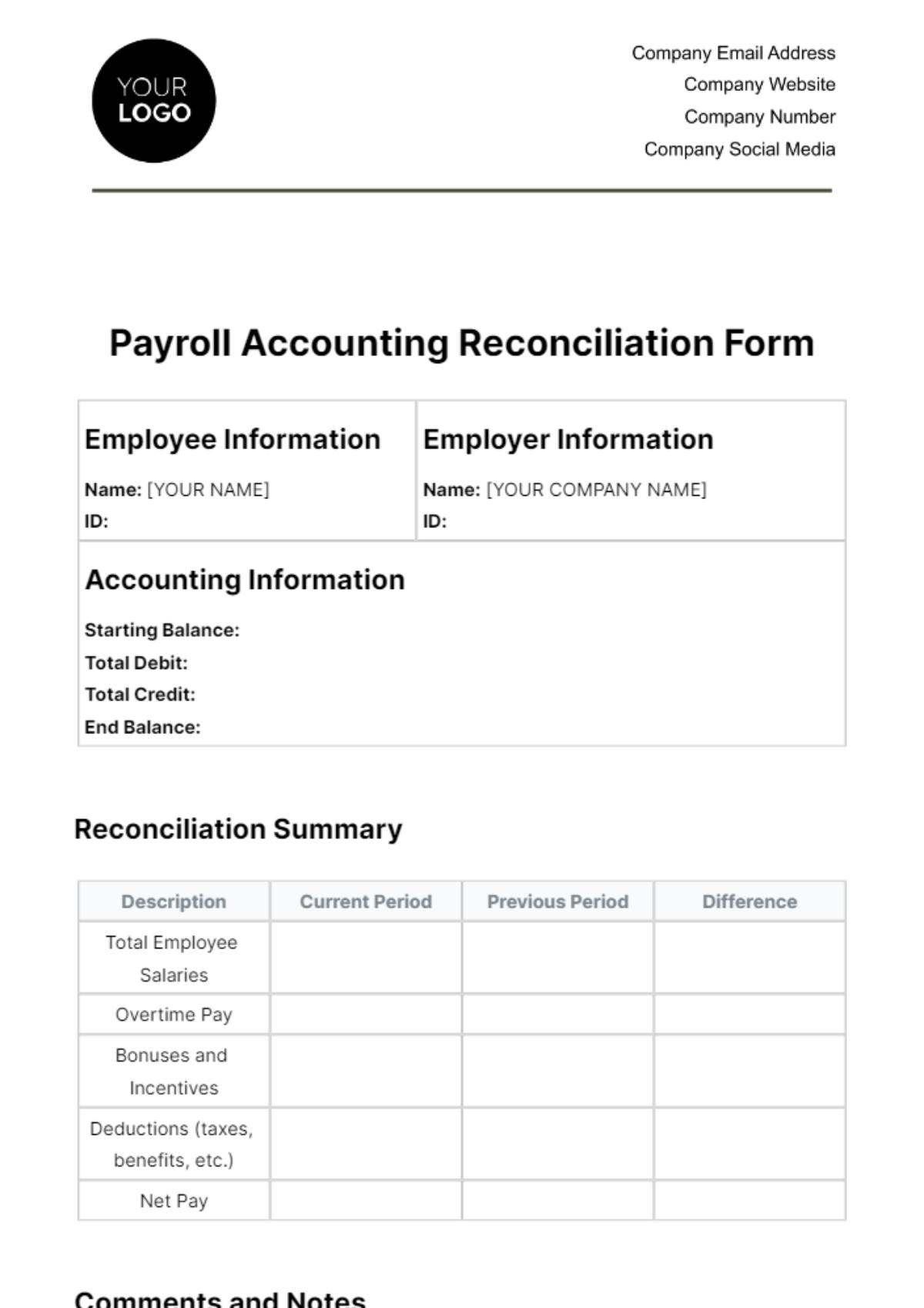 Payroll Accounting Reconciliation Form Template - Edit Online & Download