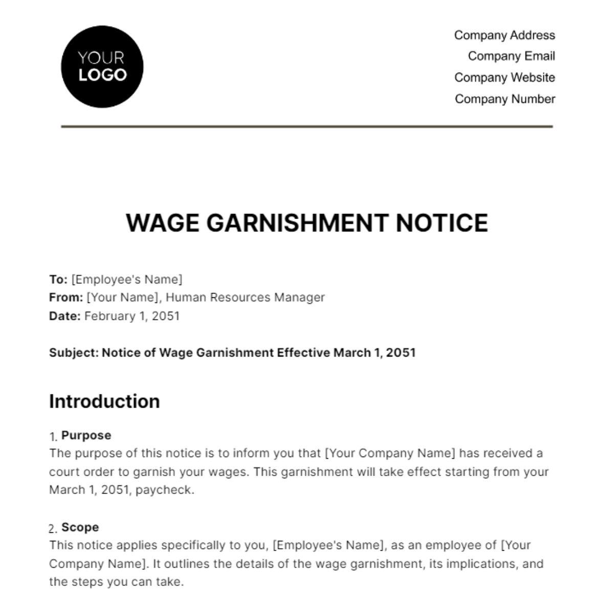 Wage Garnishment Notice HR Template