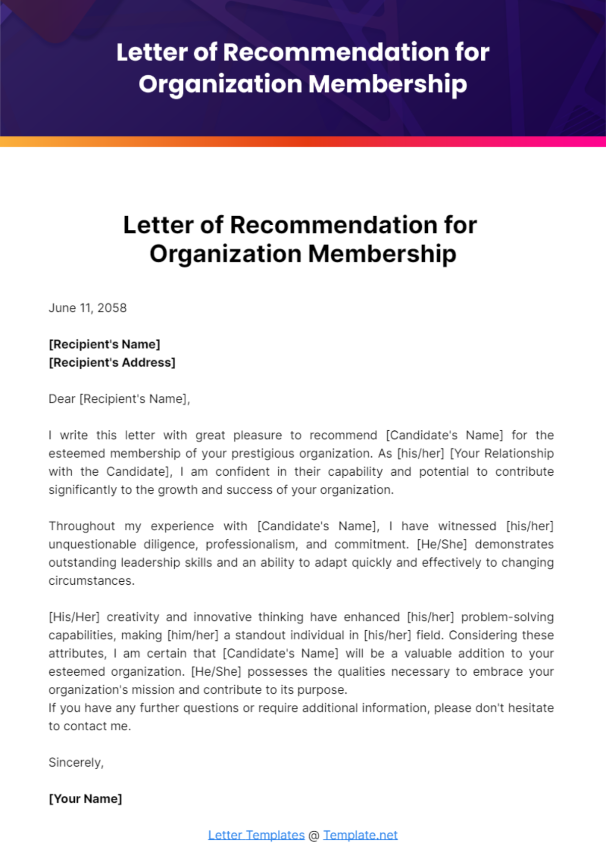 Free Letter of Recommendation for Organization Membership Template