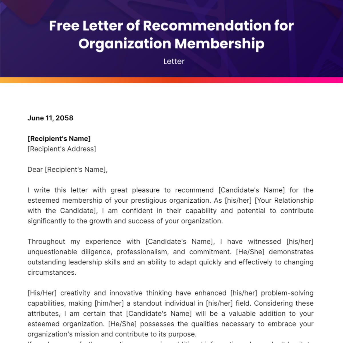 Letter of Recommendation for Organization Membership Template
