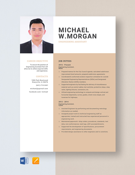 Engineering Assistant Resume Template - Word, Apple Pages