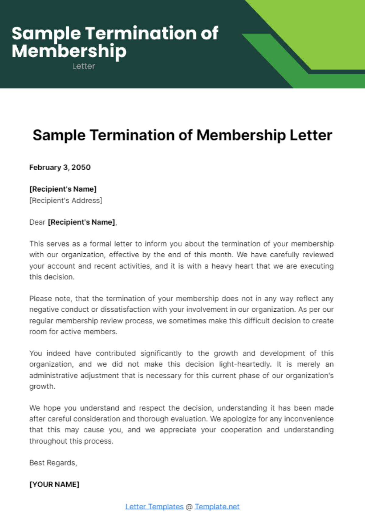 Free Sample Termination of Membership Letter Template