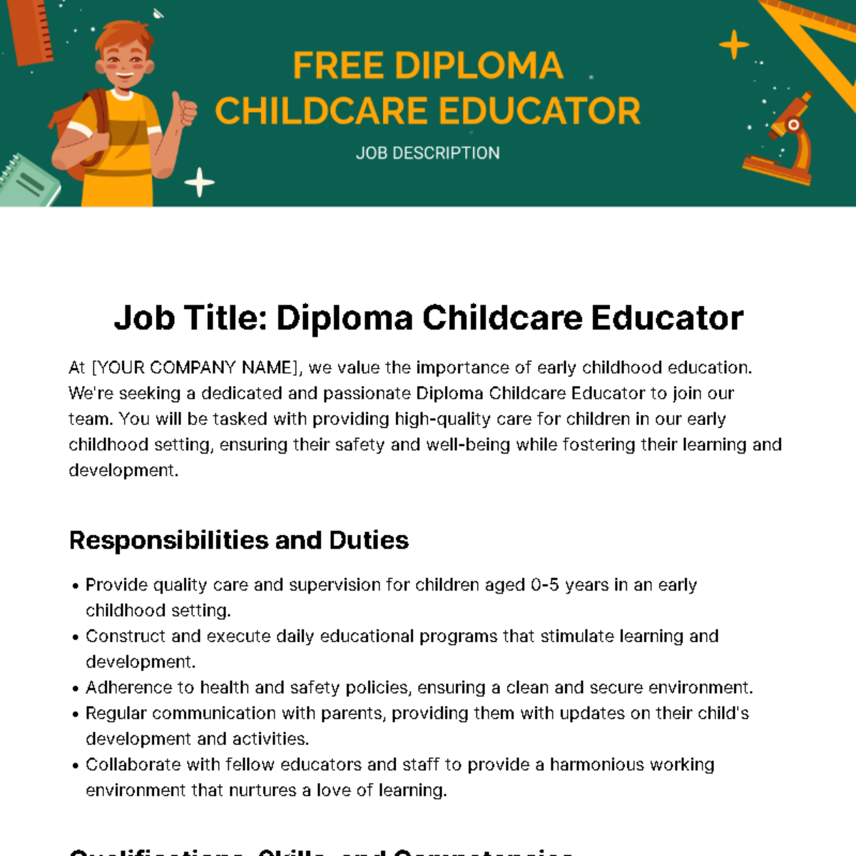 Diploma Childcare Educator Job Description Template