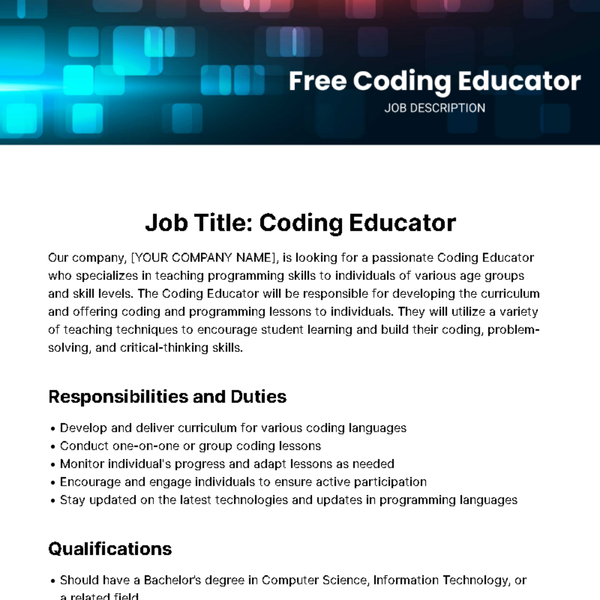Coding Educator Job Description Template
