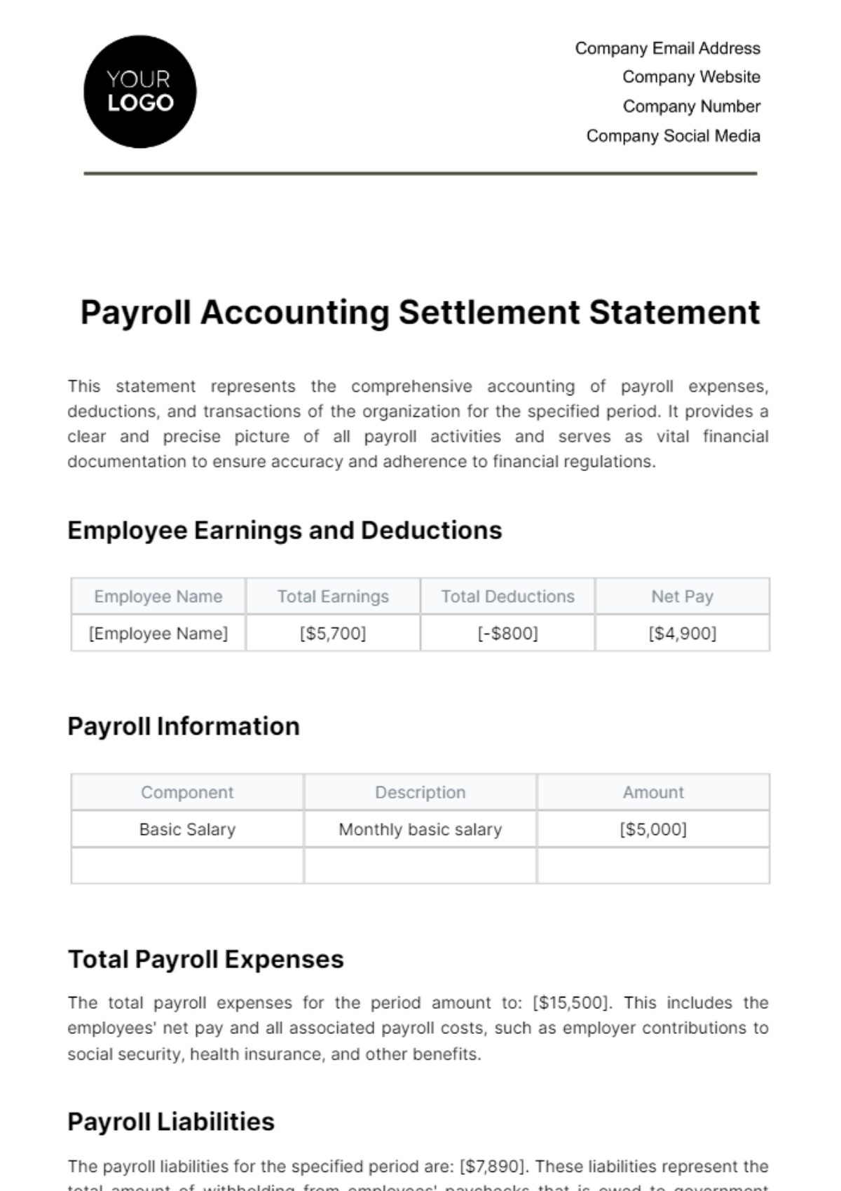 Payroll Accounting Settlement Statement Template
