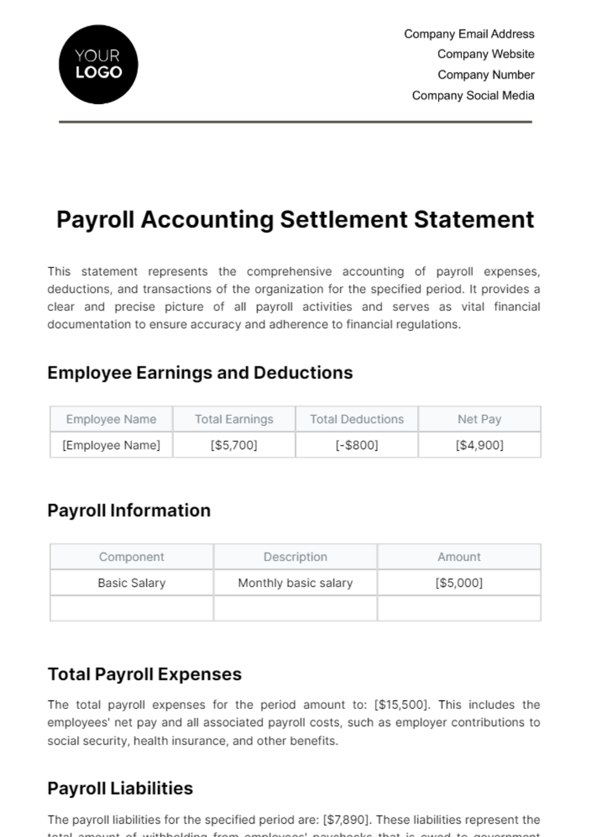 Payroll Accounting Settlement Statement Template - Edit Online & Download