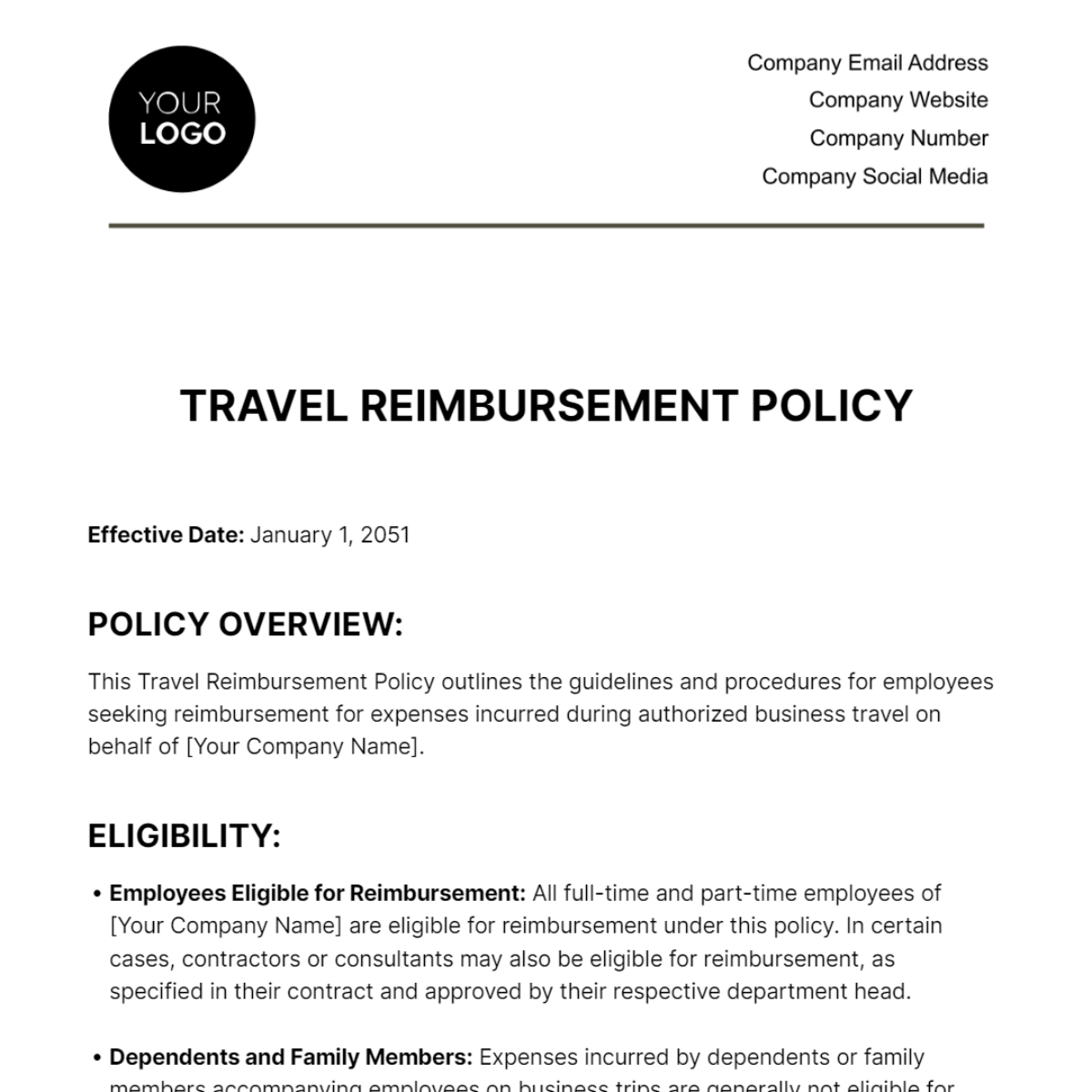 Free Travel Reimbursement Policy HR Template