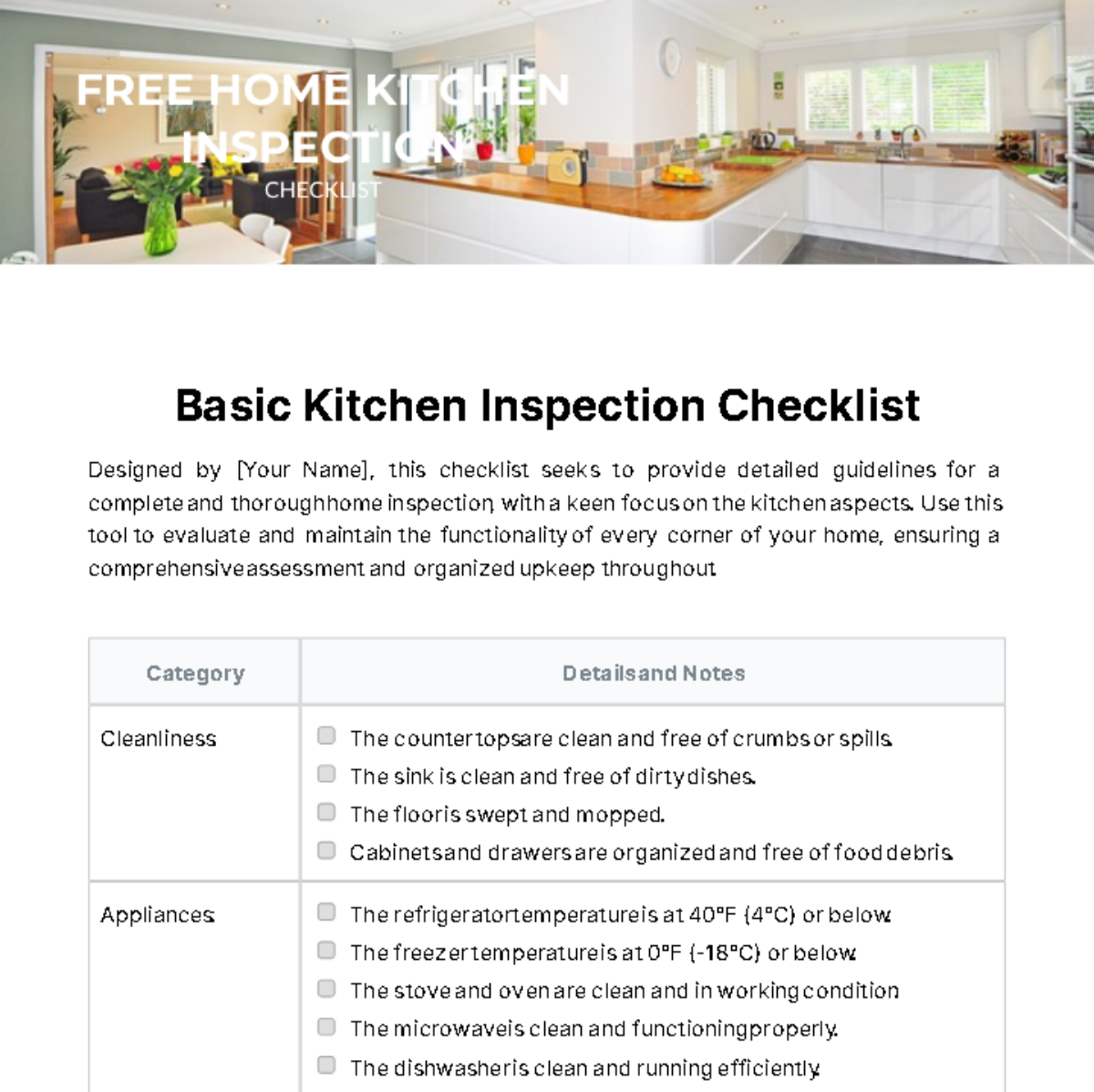 Home Kitchen Inspection Checklist Template