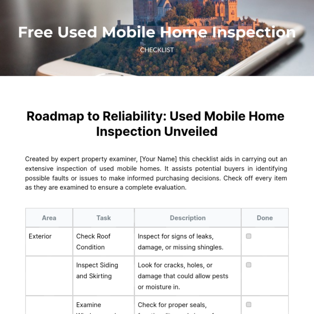 Used Mobile Home Inspection Checklist Template