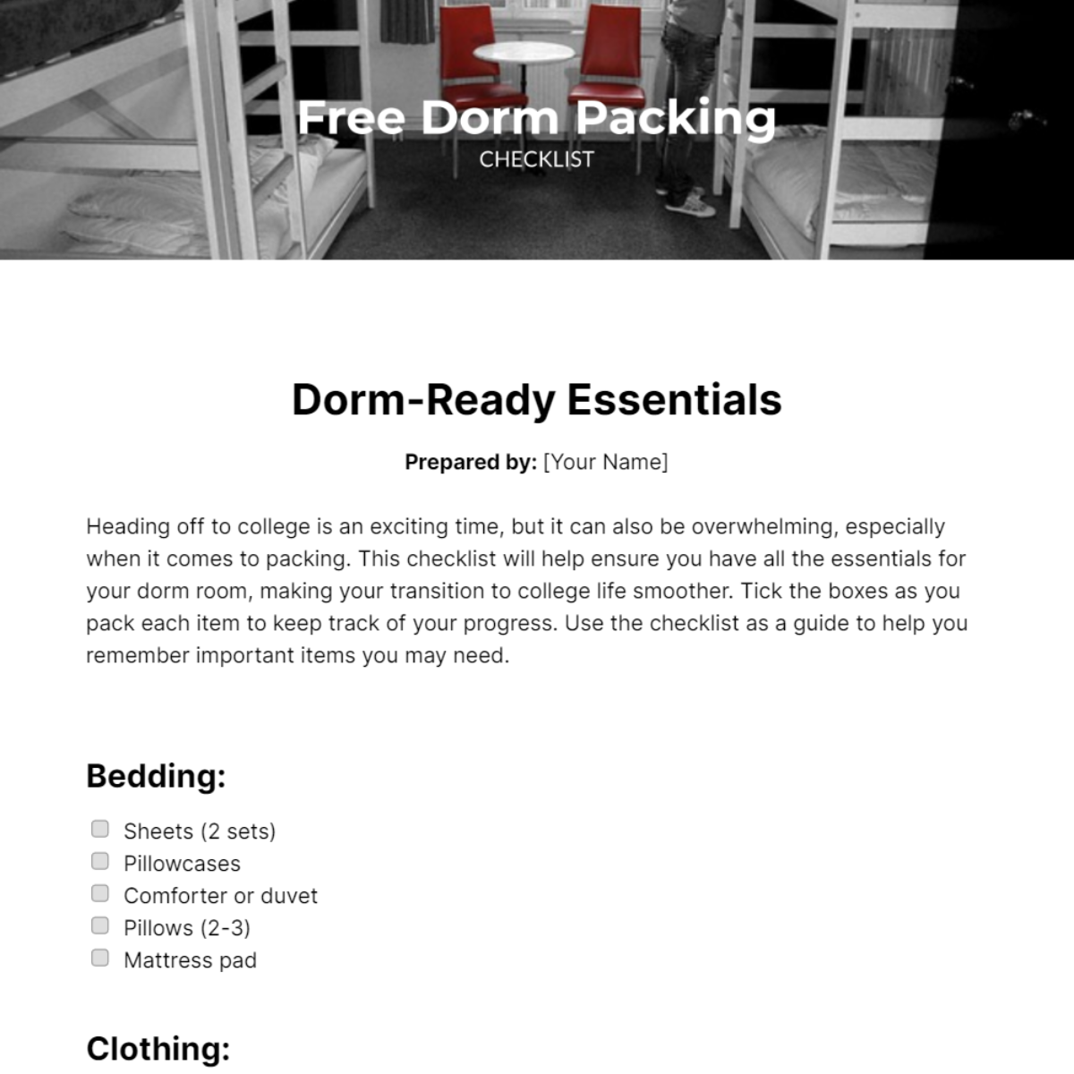 Dorm Packing Checklist Template