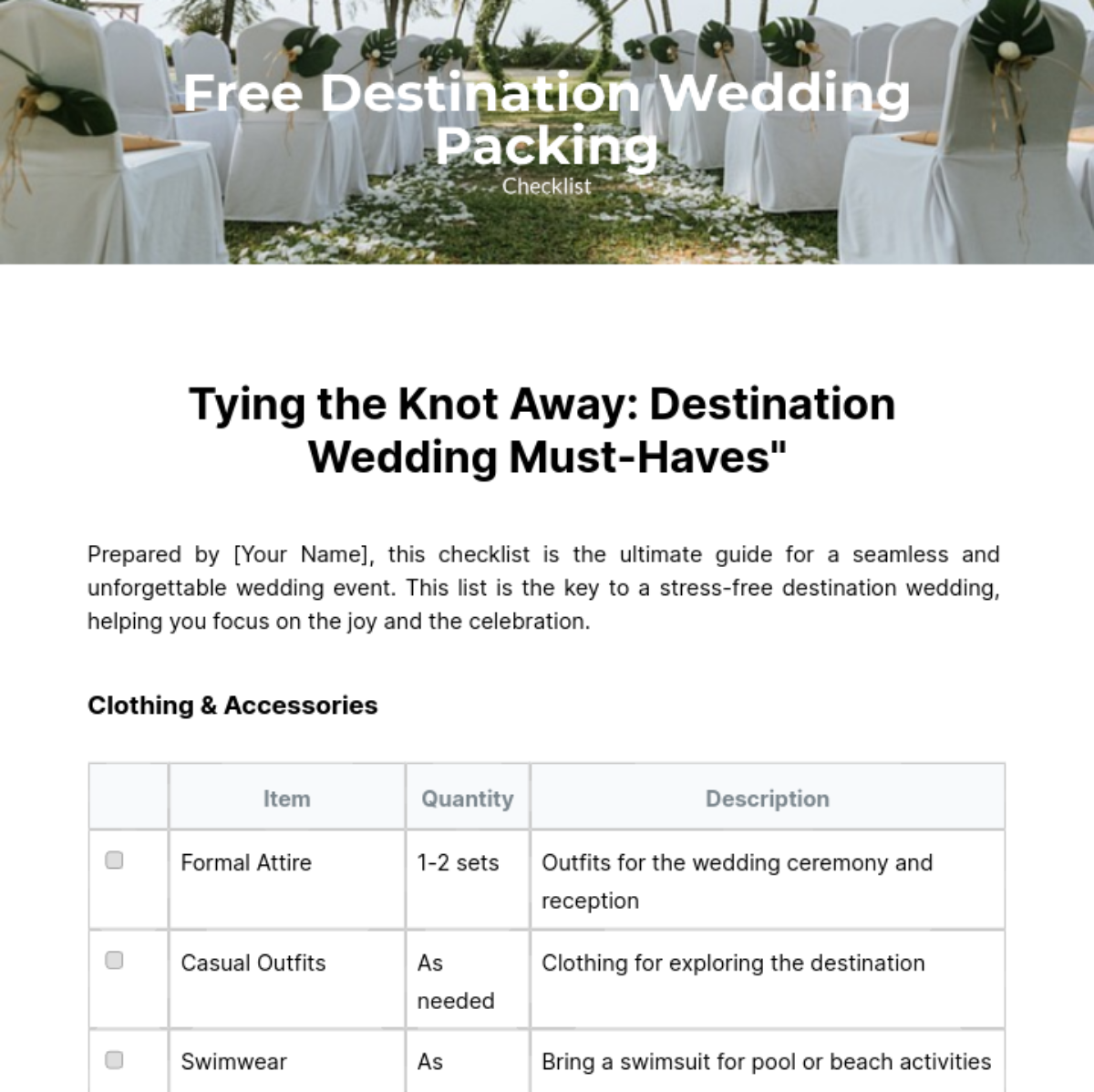Destination Wedding Packing Checklist Template