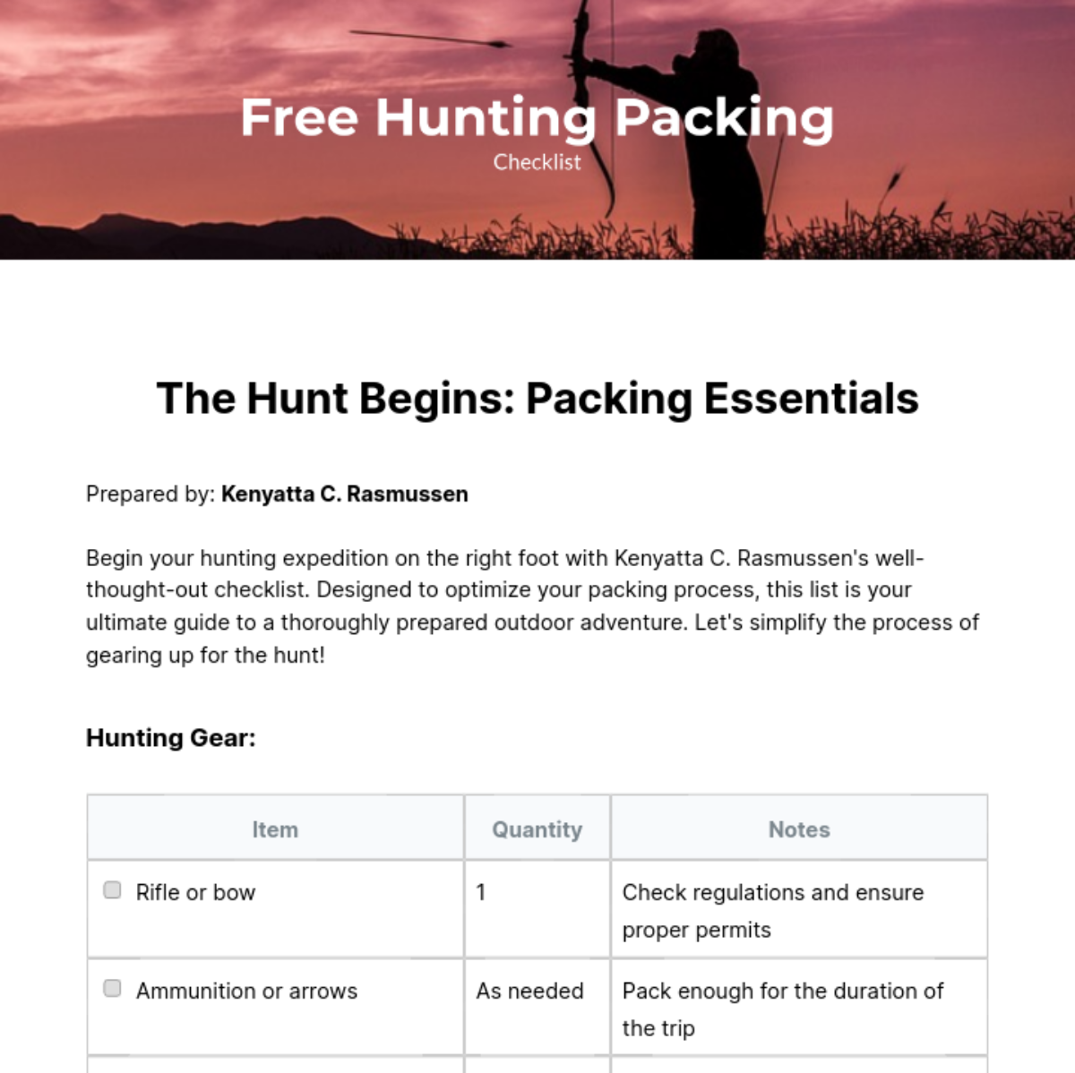 Hunting Packing Checklist Template