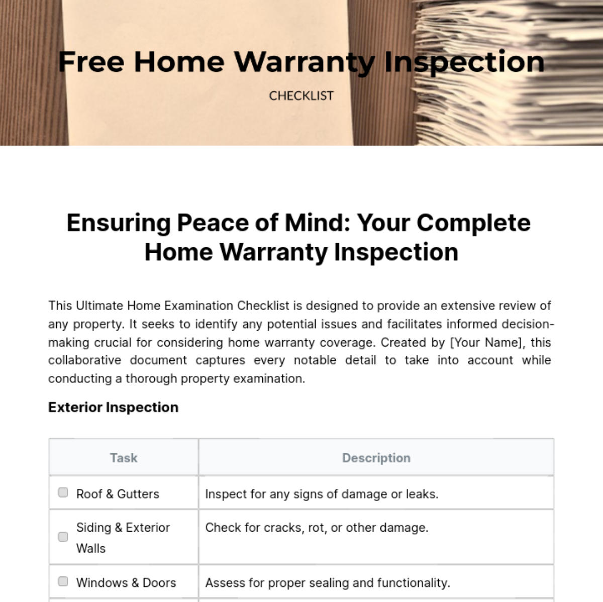 Free hHome Warranty Inspection Checklist Template