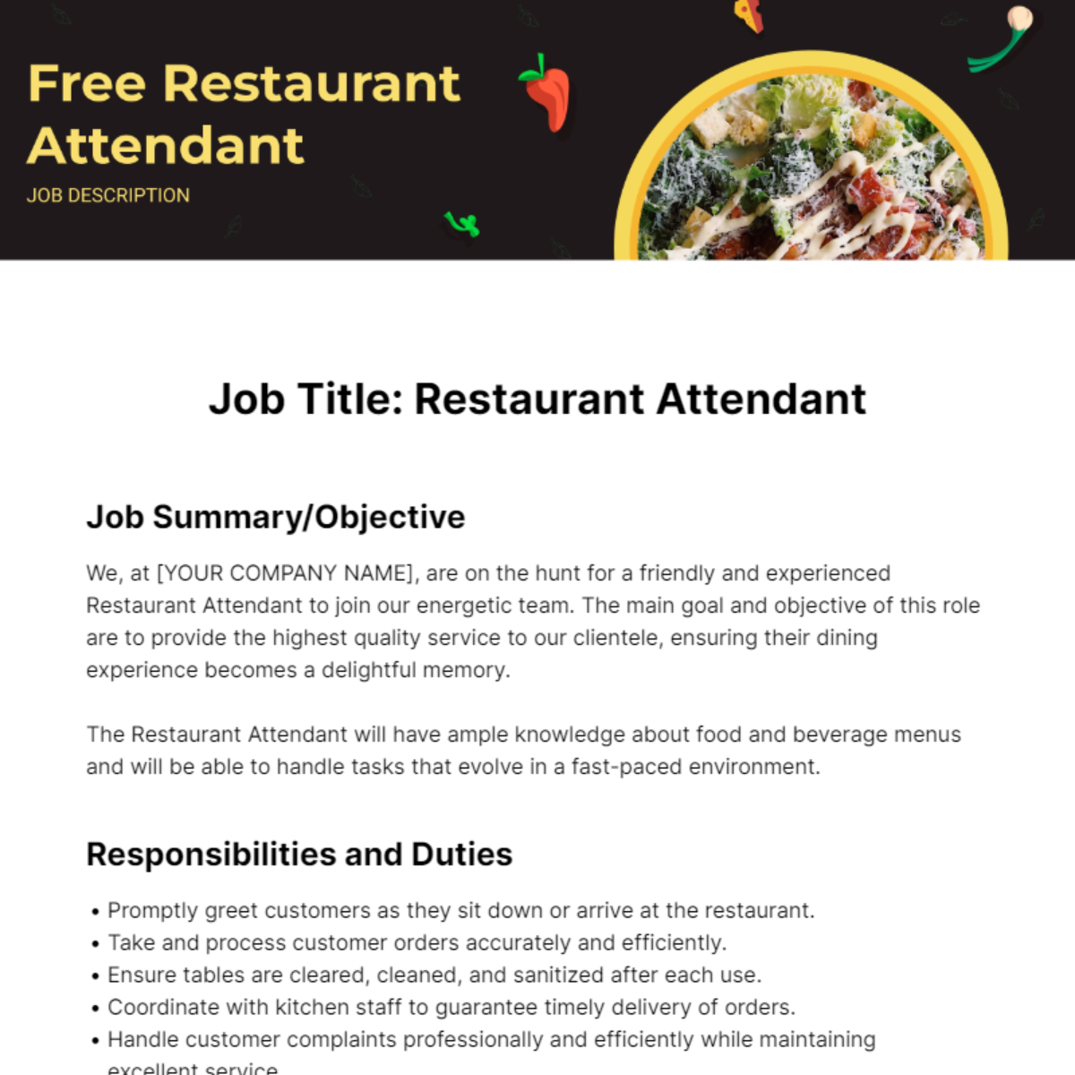 Free Restaurant Attendant Job Description Template