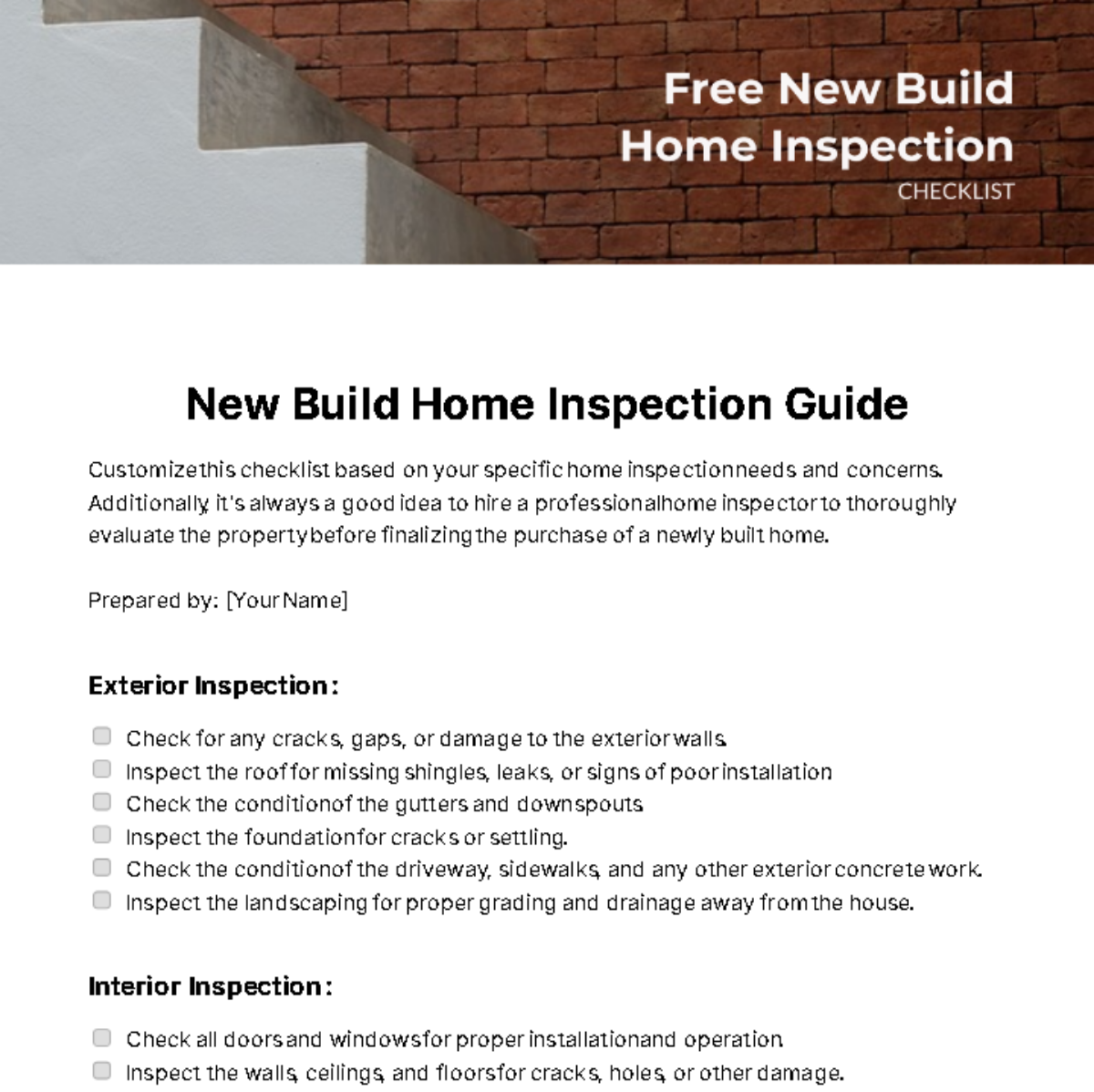 New Build Home Inspection Checklist Template
