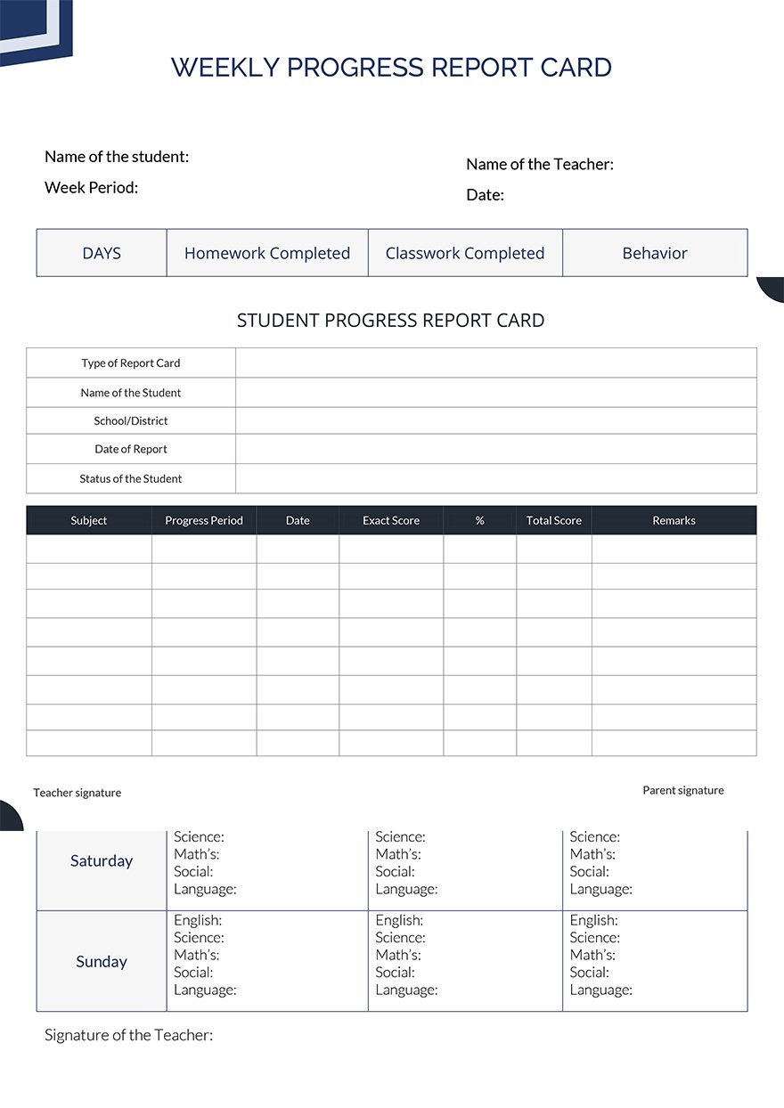 Free Downloadable Weekly Report Card Template