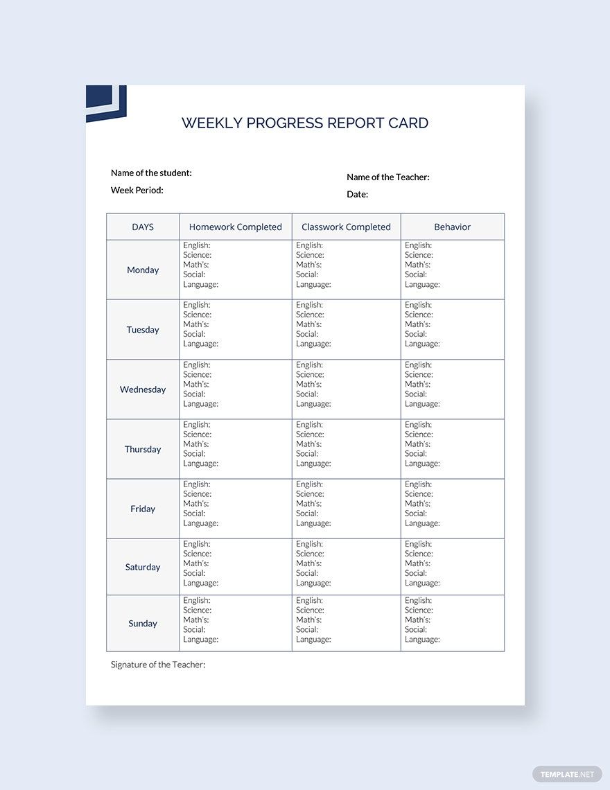 Sample Weekly Progress Report Card Template