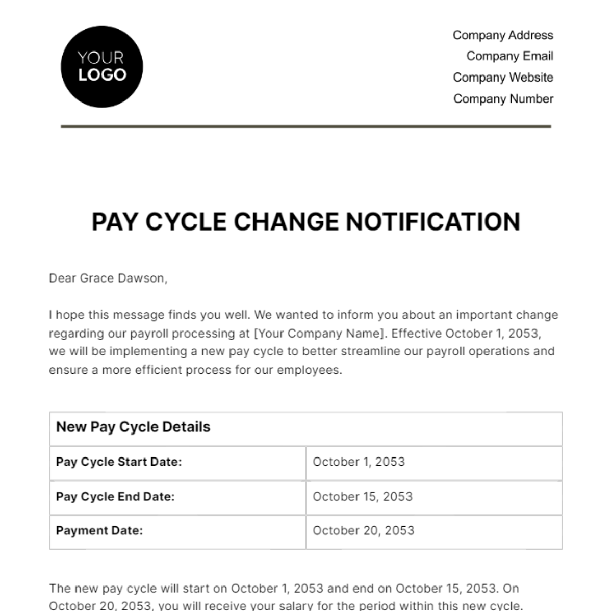 Pay Cycle Change Notification HR Template