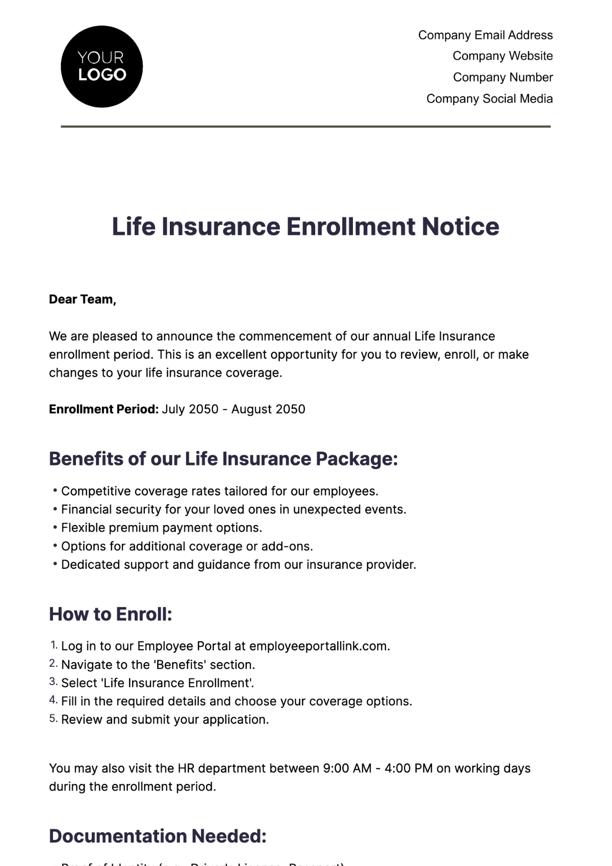 Life Insurance Enrollment Notice HR Template - Edit Online & Download