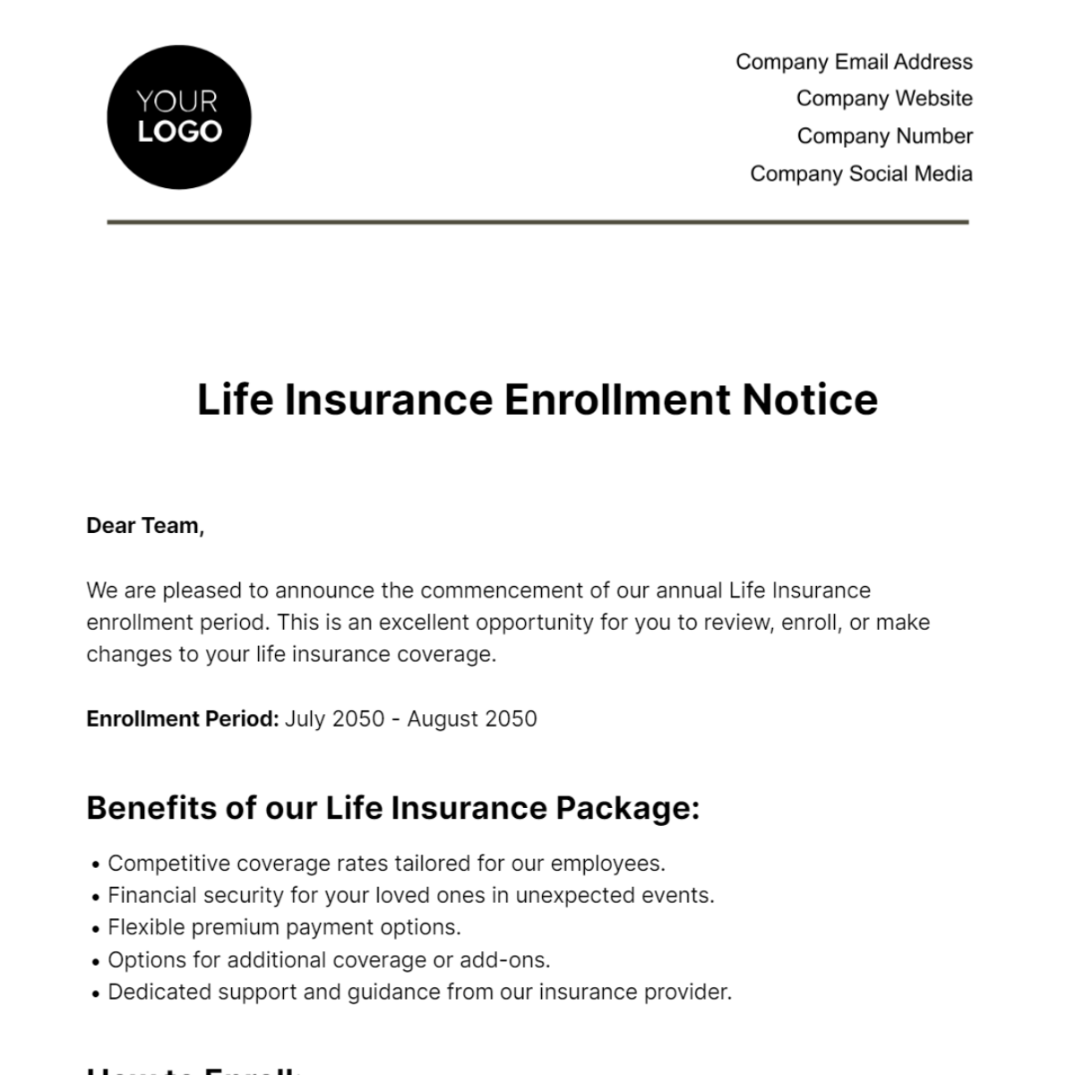 Life Insurance Enrollment Notice HR Template
