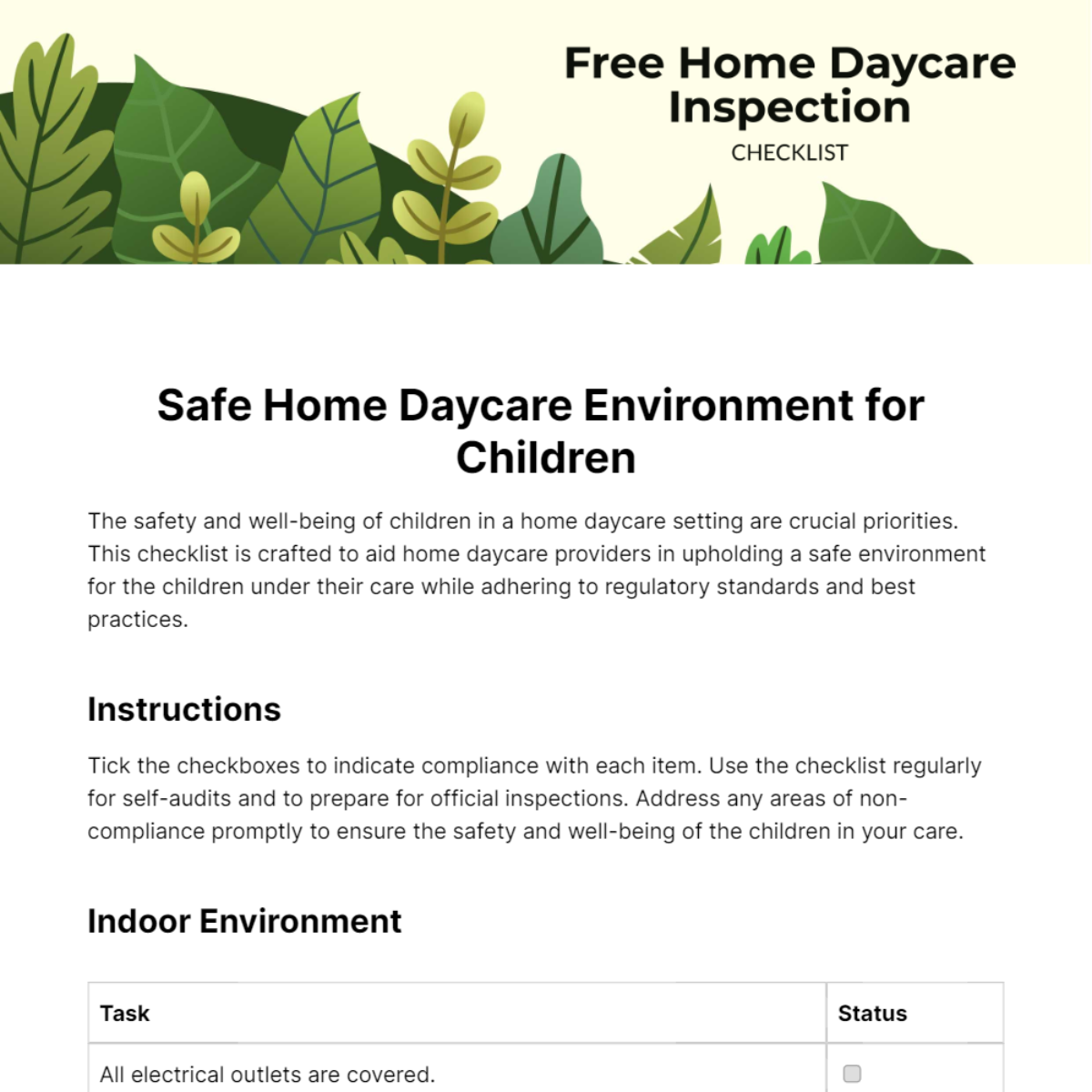 Home Daycare Inspection Checklist Template