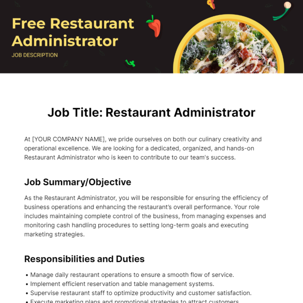 Restaurant Administrator Job Description Template