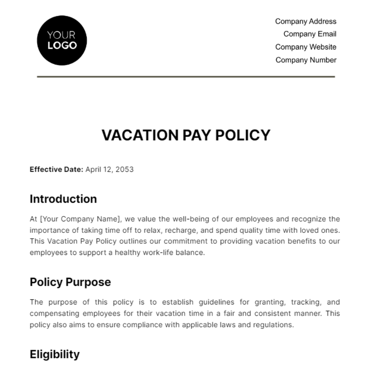 Free Vacation Pay Policy HR Template