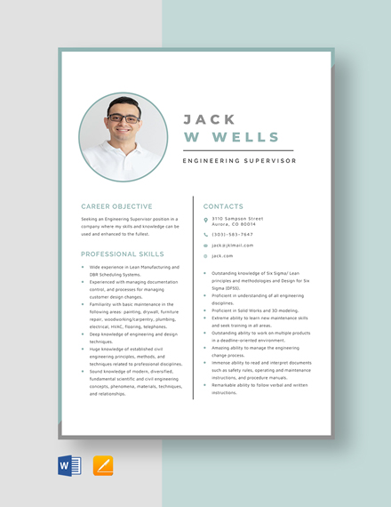 Engineering Supervisor Resume Template - Word, Apple Pages
