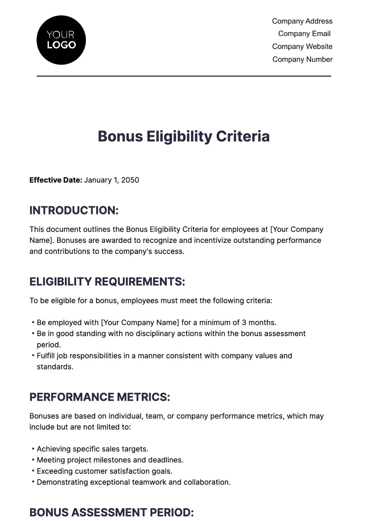 Bonus Eligibility Criteria HR Template - Edit Online & Download