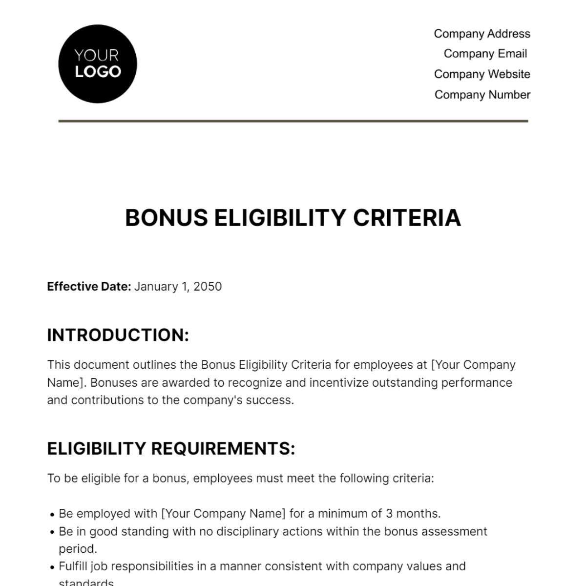 Bonus Eligibility Criteria HR Template