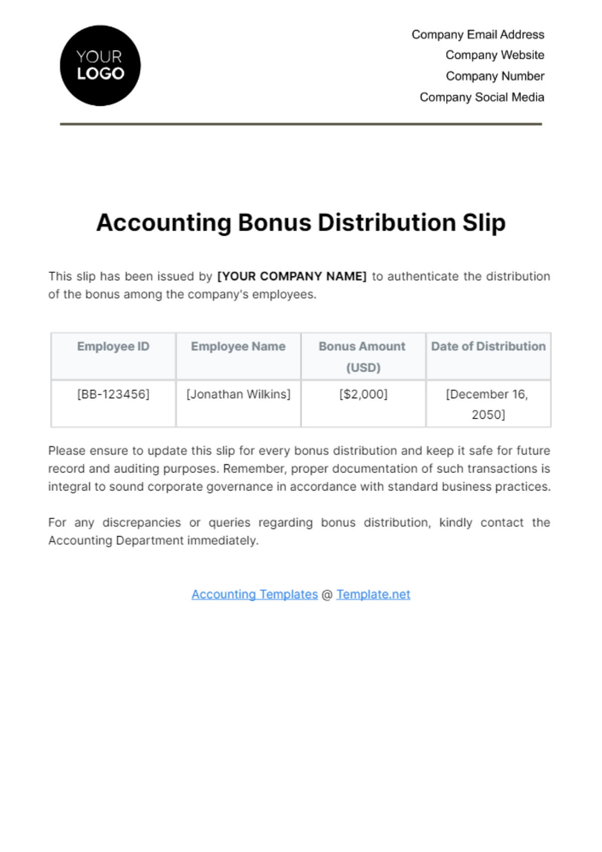 Accounting Bonus Distribution Slip Template