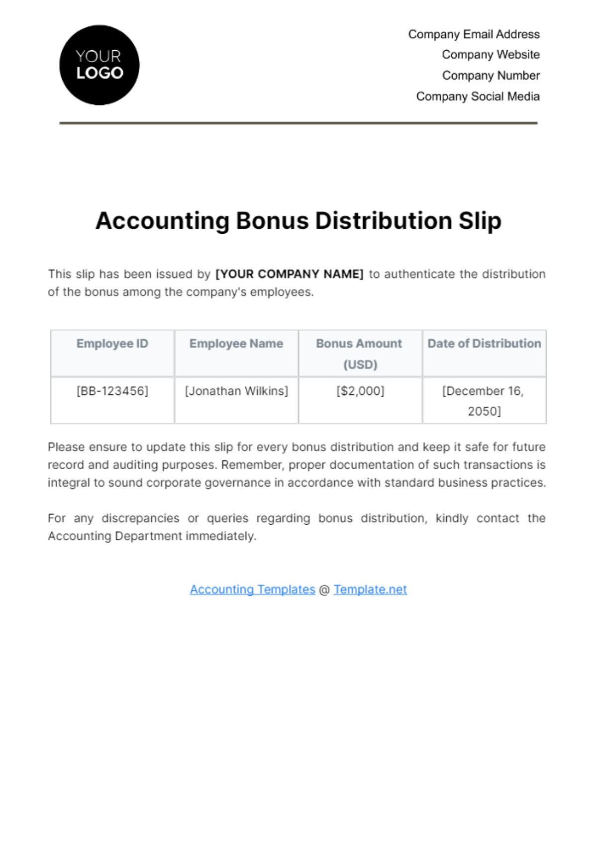 Accounting Bonus Distribution Slip Template - Edit Online & Download