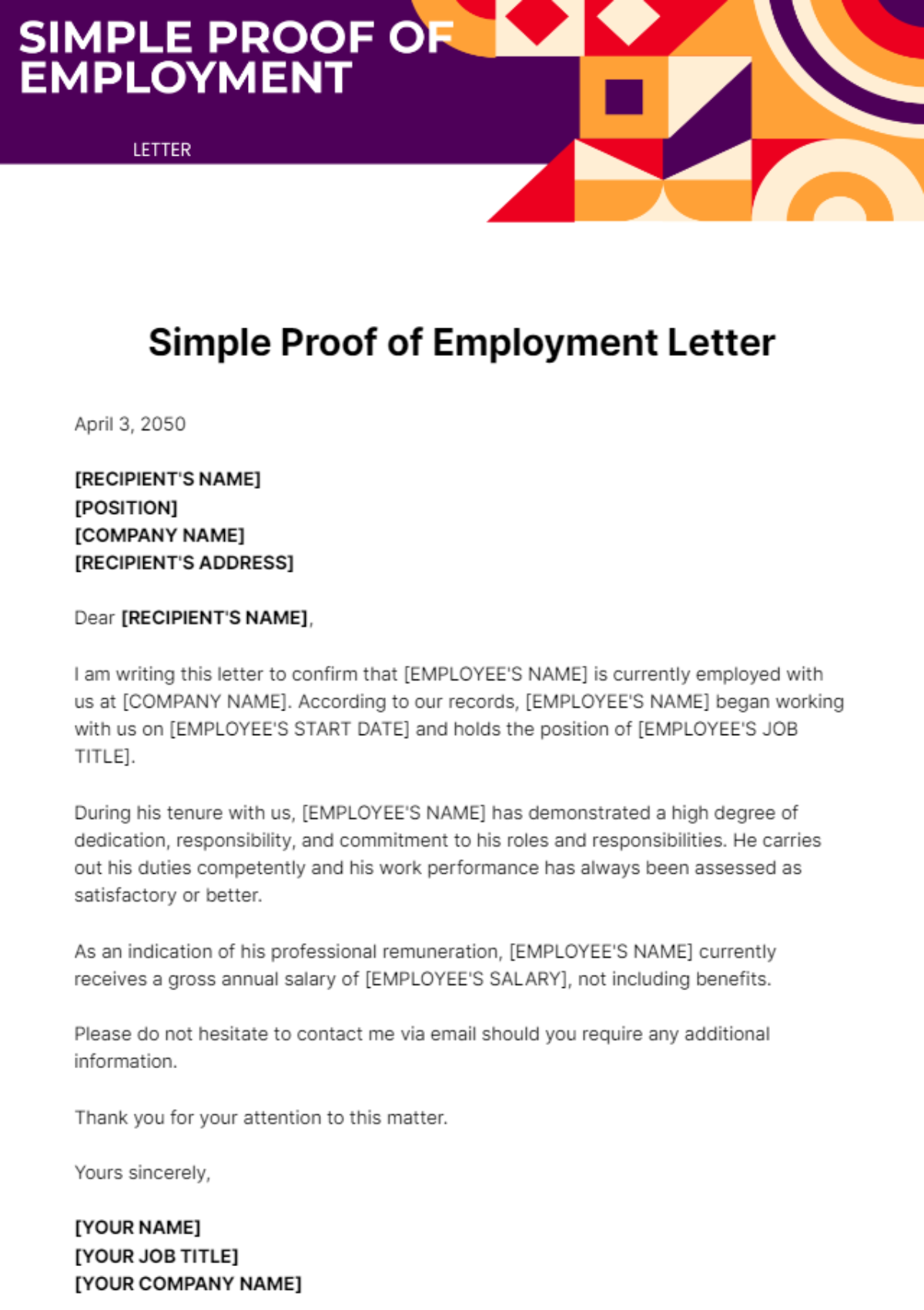 Free Simple Proof of Employment Letter Template