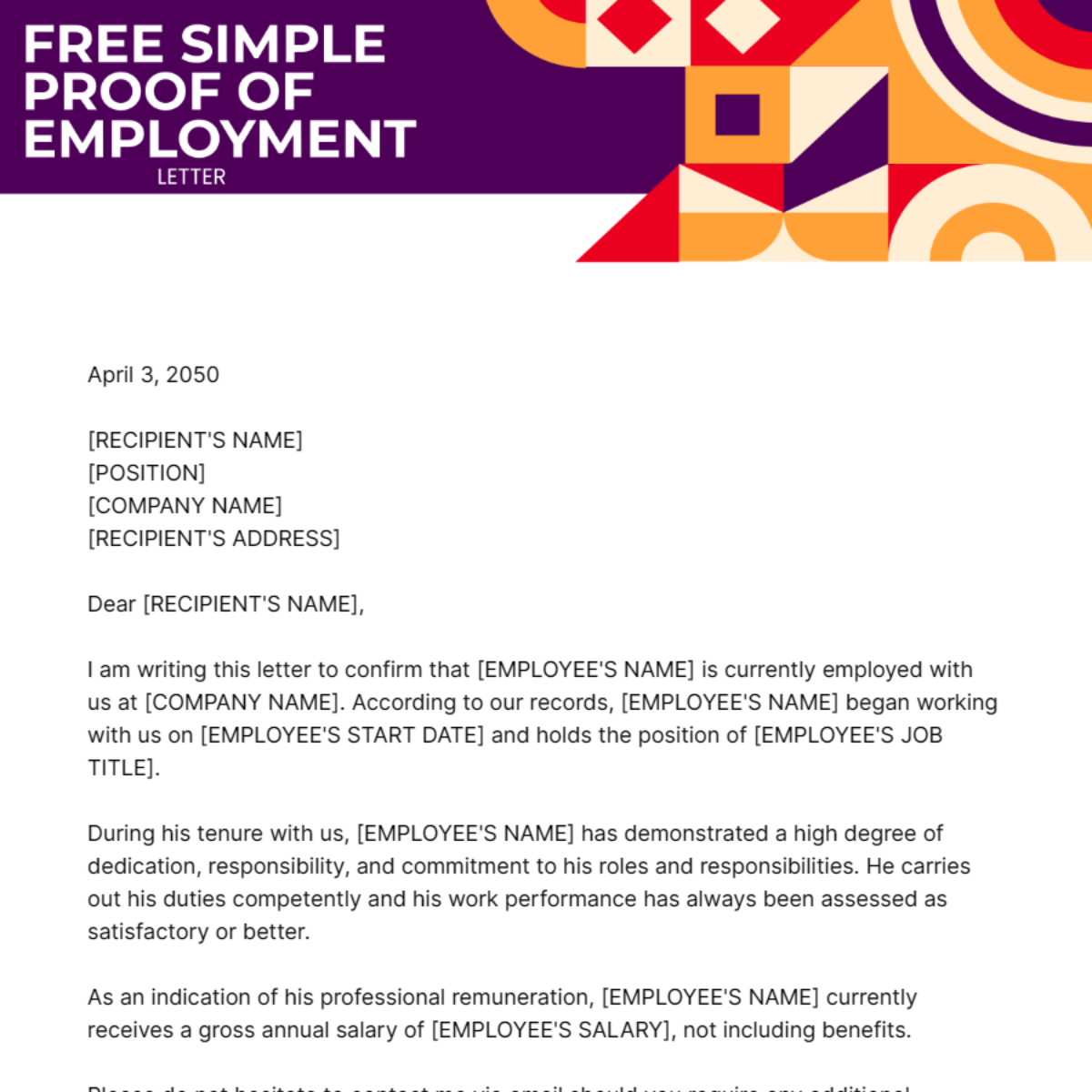 Simple Proof of Employment Letter Template