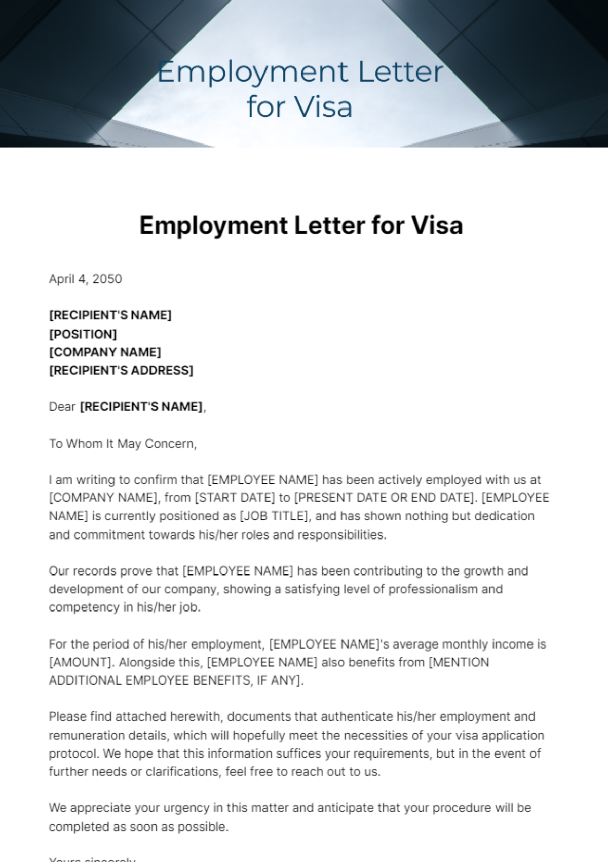 Free Employment Letter for Visa Template