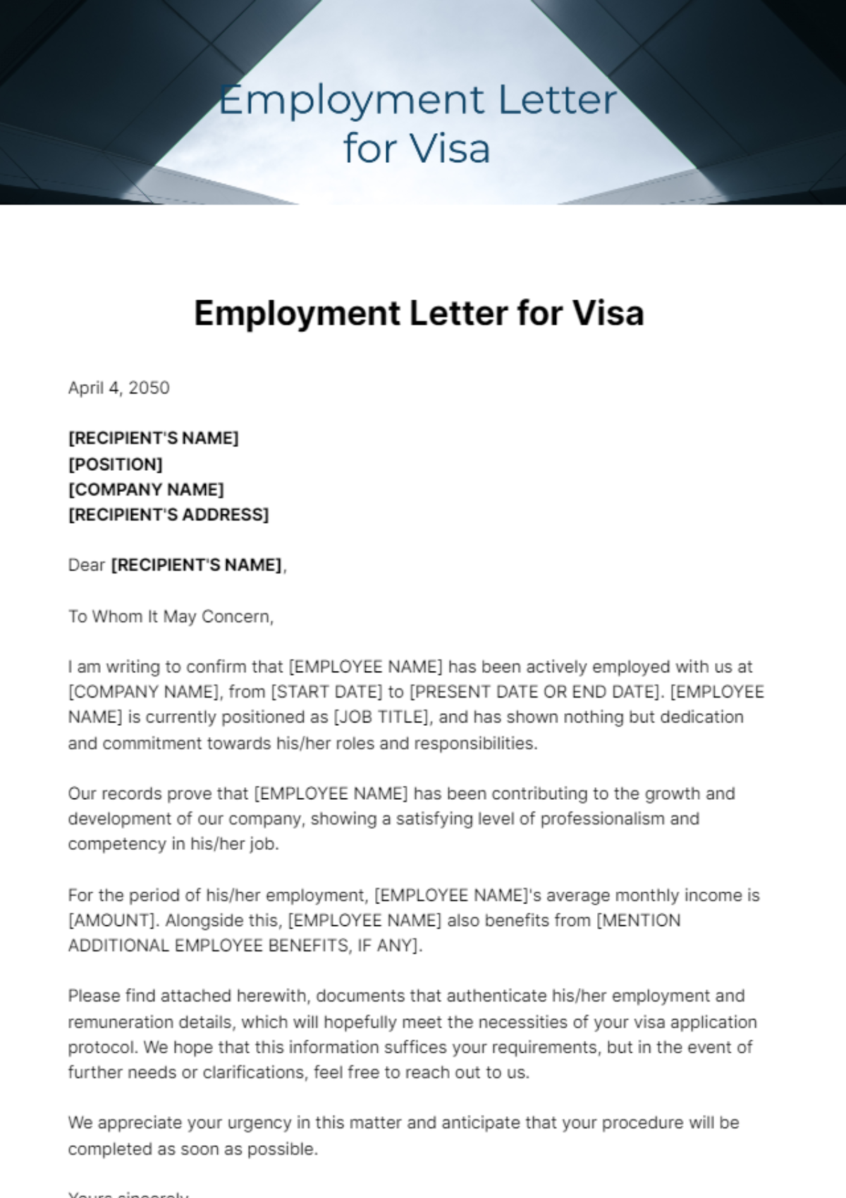 Employment Letter for Visa Template