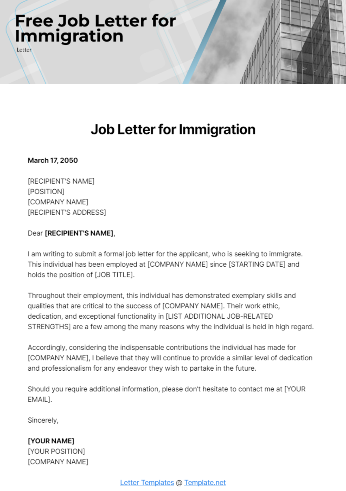 Job Letter for Immigration Template