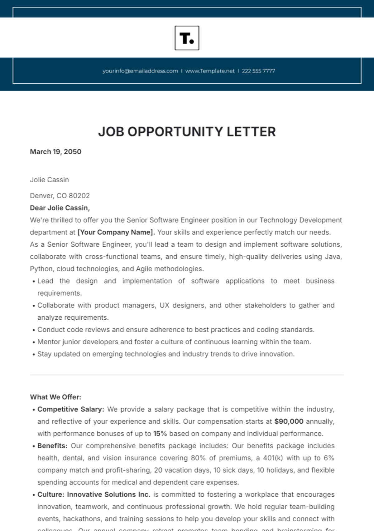 Job Opportunity Letter Template - Edit Online & Download