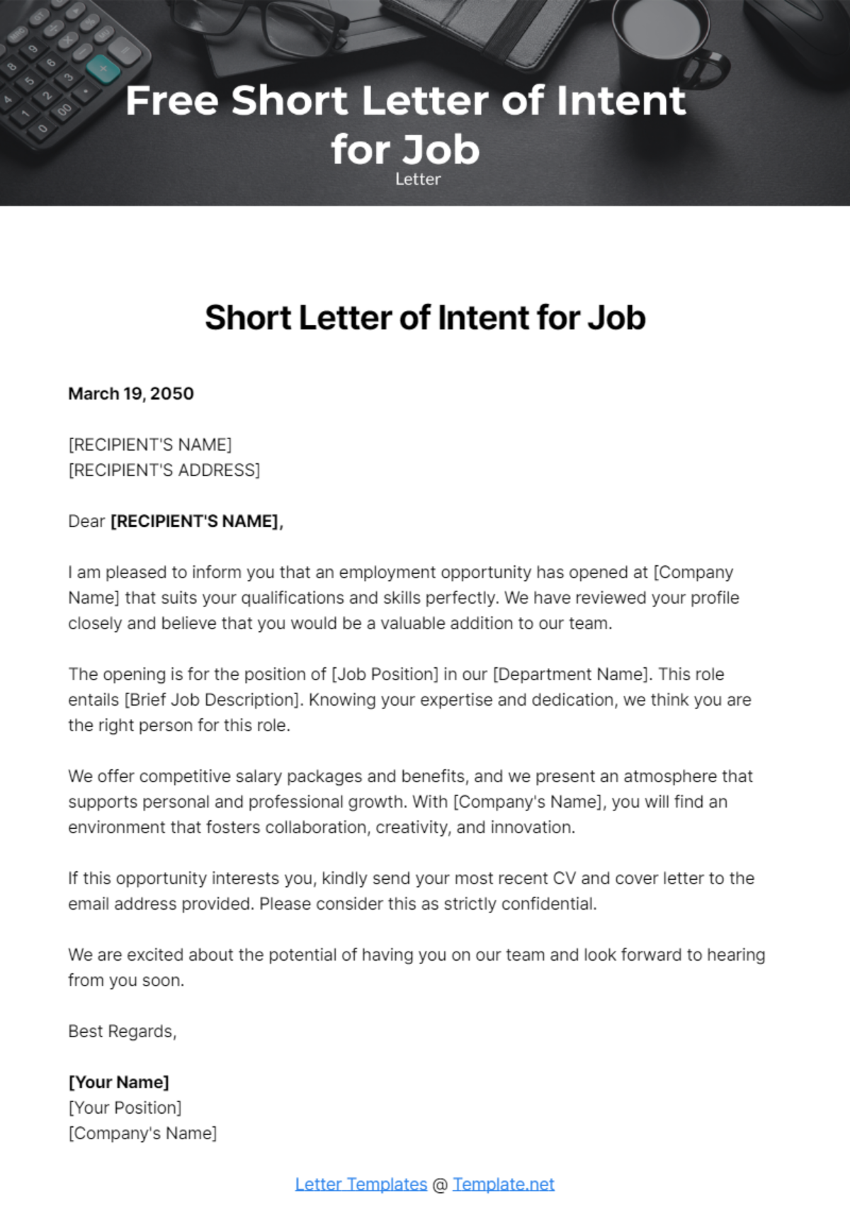 Short Letter of Intent for Job Template